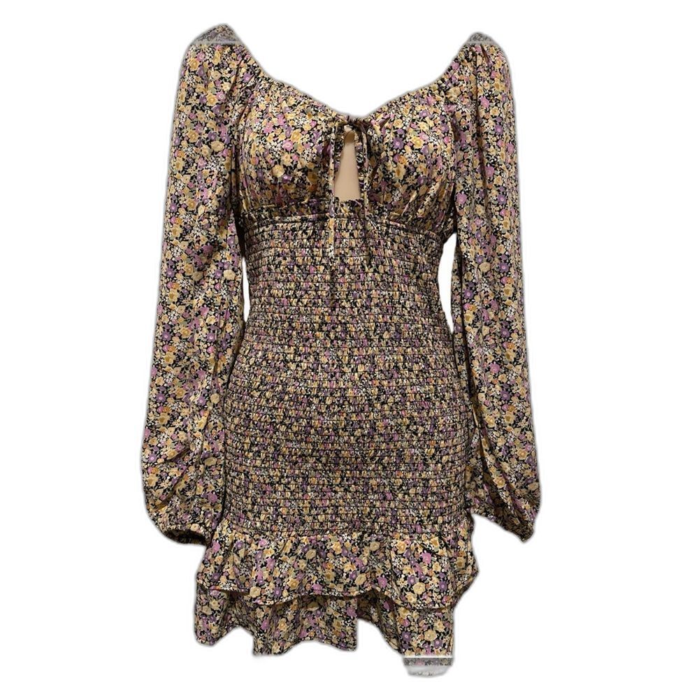 Lush Floral Long Sleeve Smocked Mini Dress Keyhole Tie Front Size Small